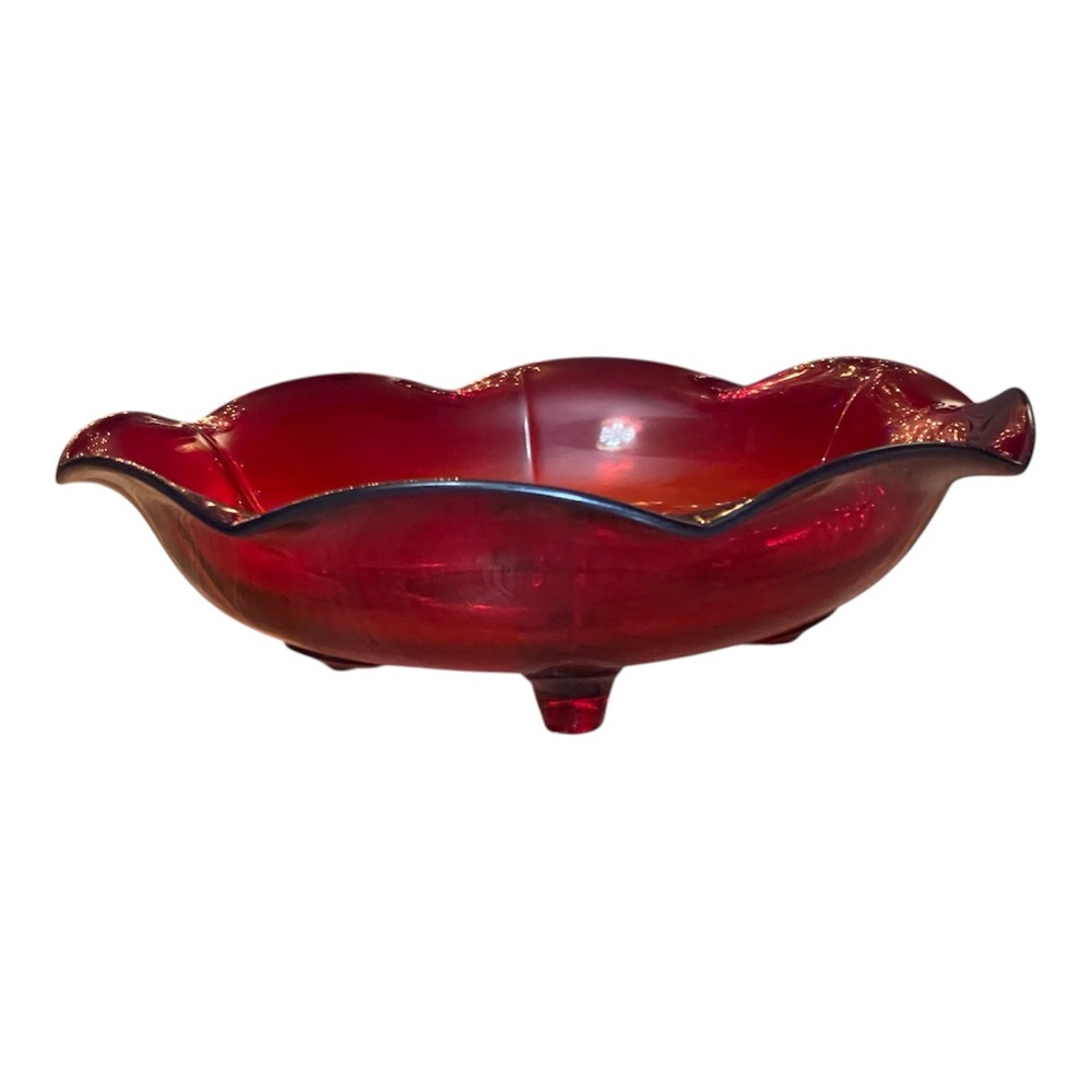 Vintage New Martinsville Moondrop- Ruby -  Red Scalloped Glass Bowl